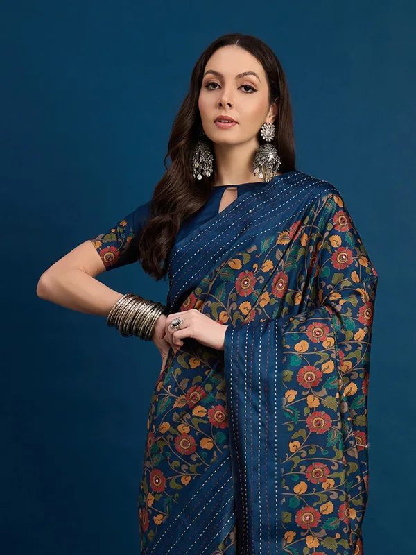 Blue printed saree in cozi silk