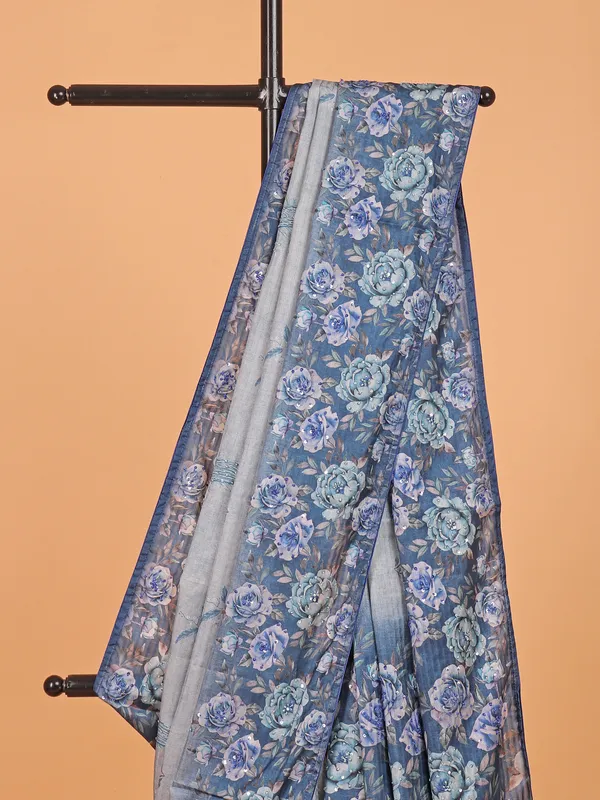 Blue printed saree in semi silk for women