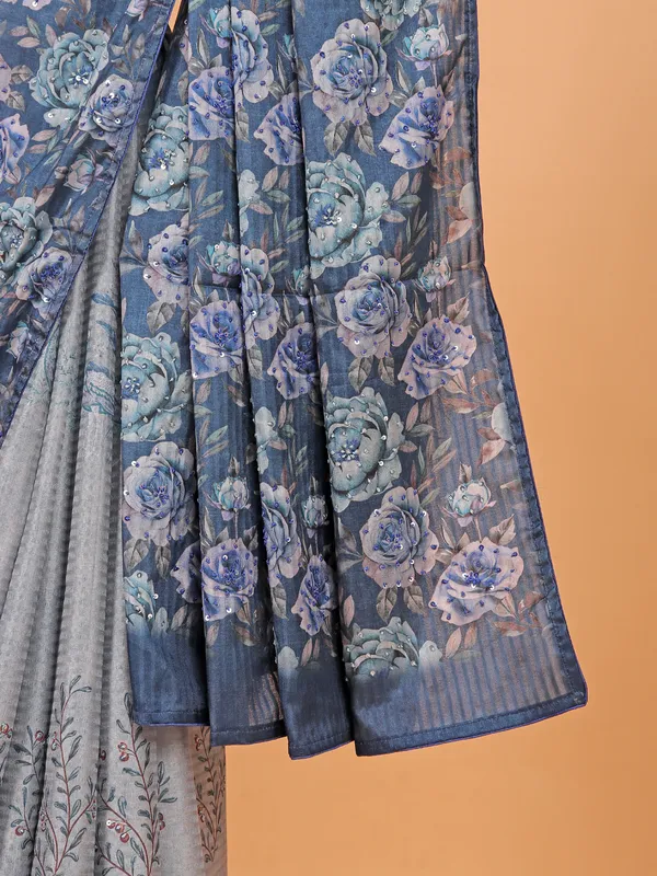 Blue printed saree in semi silk for women