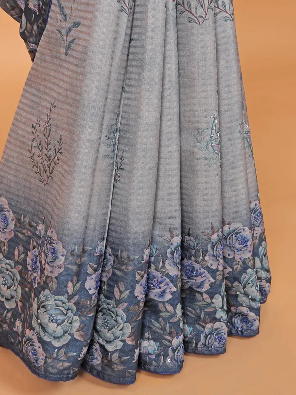 Blue printed saree in semi silk for women