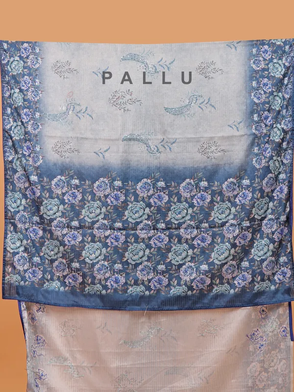 Blue printed saree in semi silk for women
