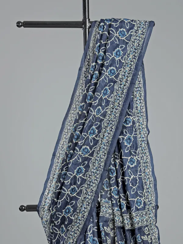 Blue printed semi cotton saree for festival