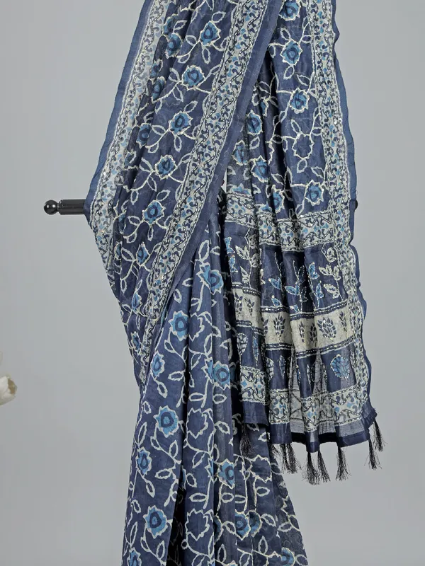 Blue printed semi cotton saree for festival