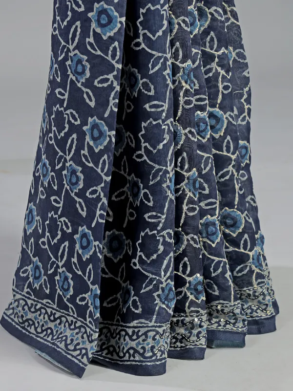 Blue printed semi cotton saree for festival