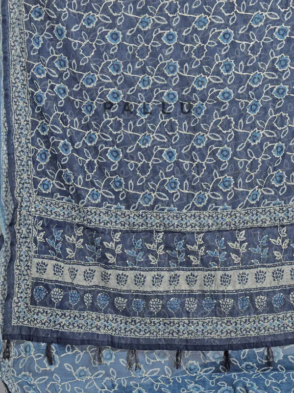 Blue printed semi cotton saree for festival