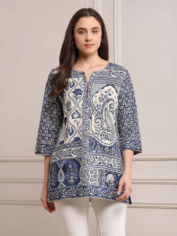Blue printed short kurti with thread work