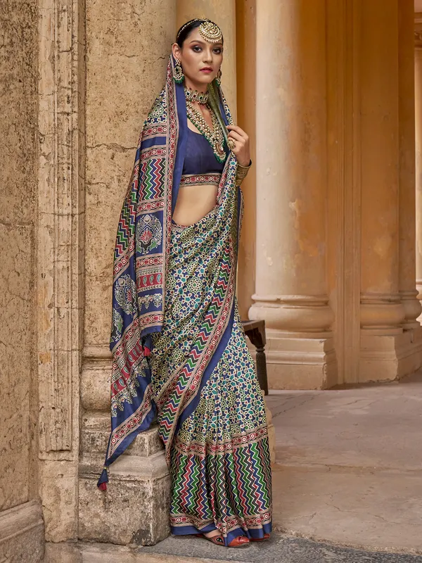 Blue printed silk elegant saree with ustitched blouse