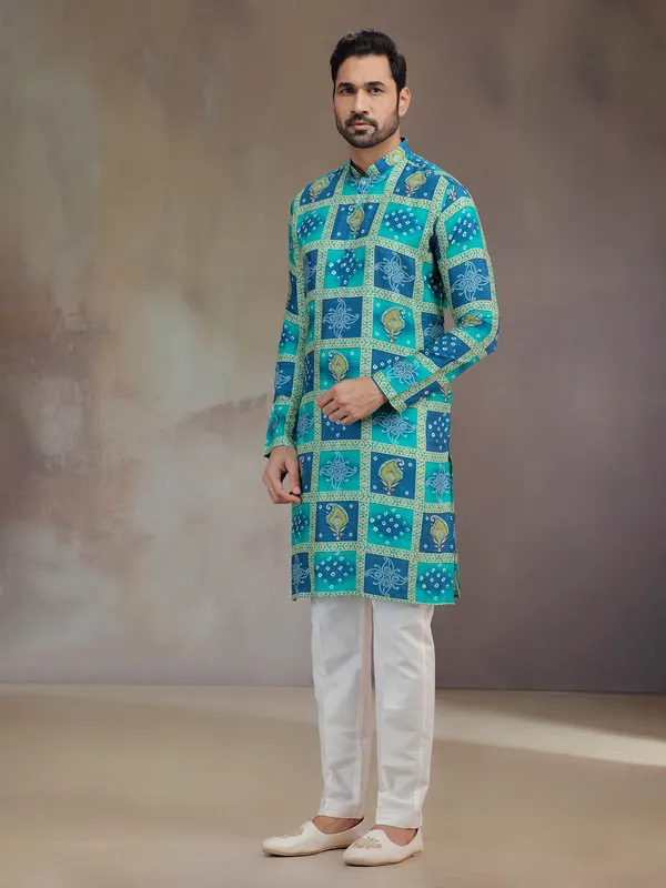Blue printed silk festive wear kurta pajama