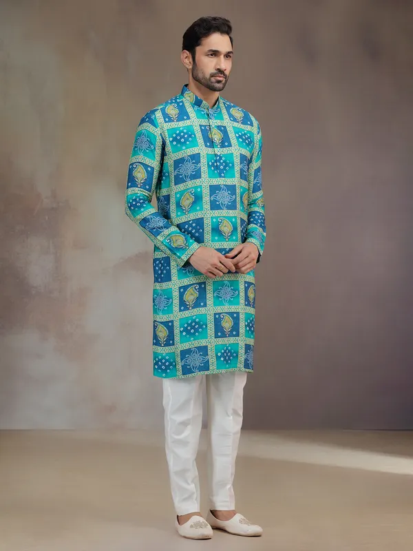 Blue printed silk festive wear kurta pajama