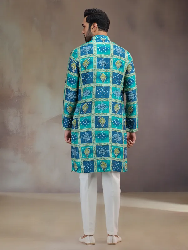 Blue printed silk festive wear kurta pajama