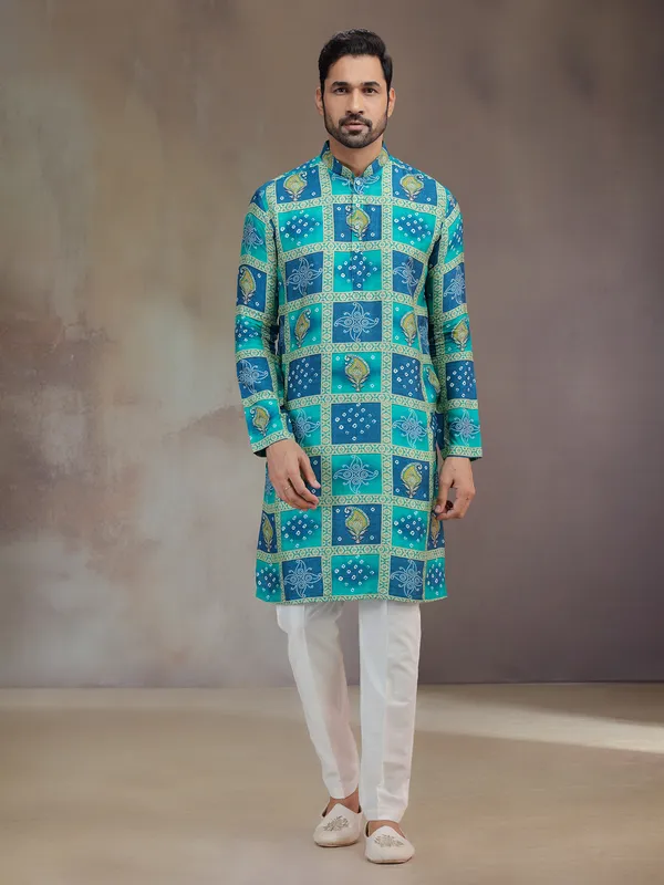 Blue printed silk festive wear kurta pajama