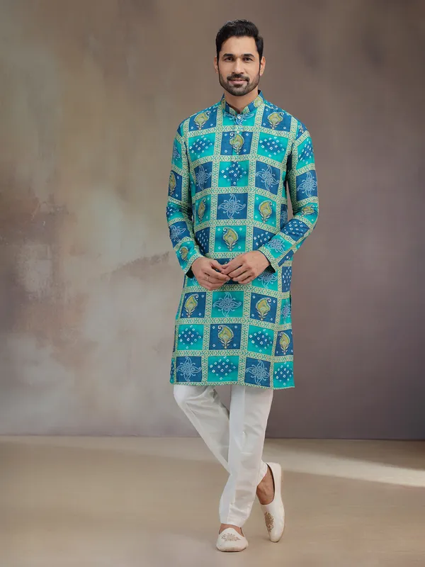 Blue printed silk festive wear kurta pajama