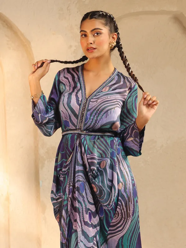 Blue printed silk indowestern kurti