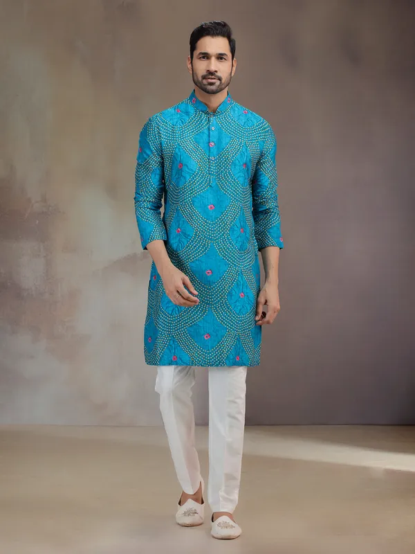 Blue printed silk kurta pajama for men