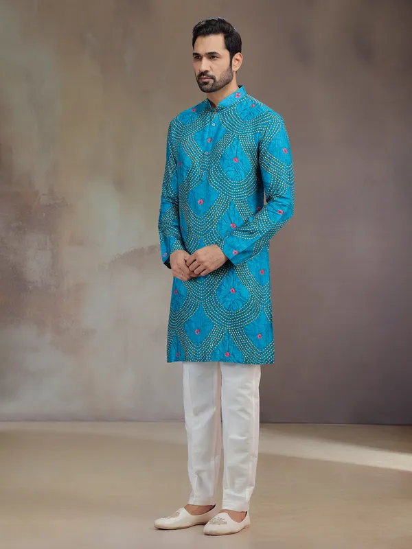 Blue printed silk kurta pajama for men