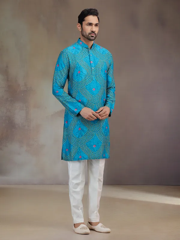 Blue printed silk kurta pajama for men