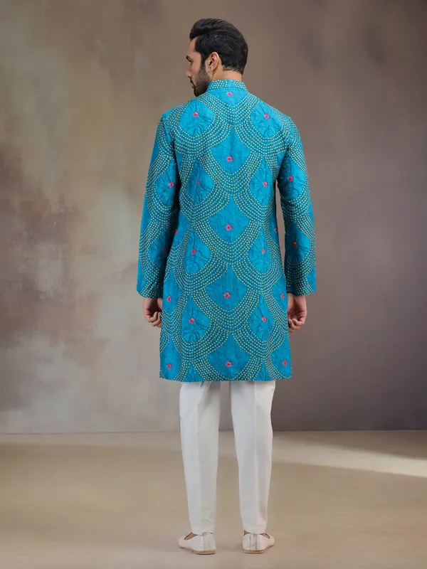 Blue printed silk kurta pajama for men