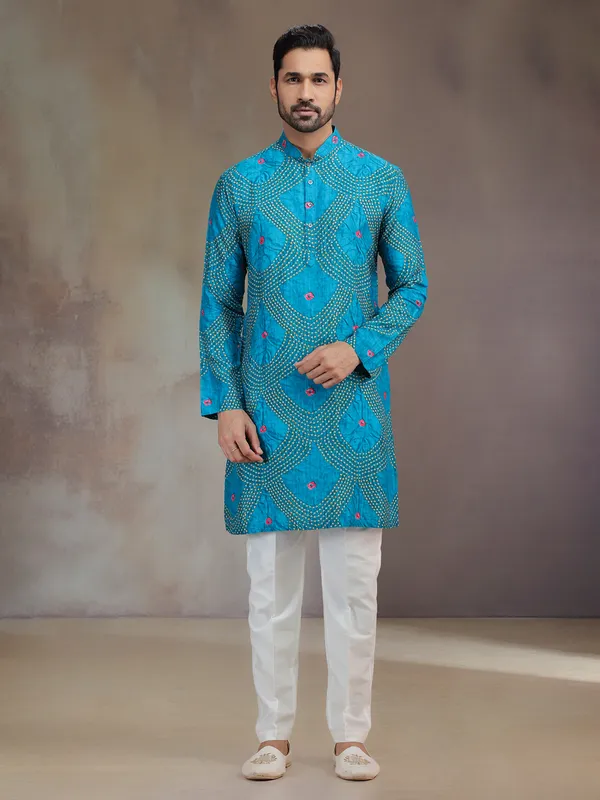 Blue printed silk kurta pajama for men