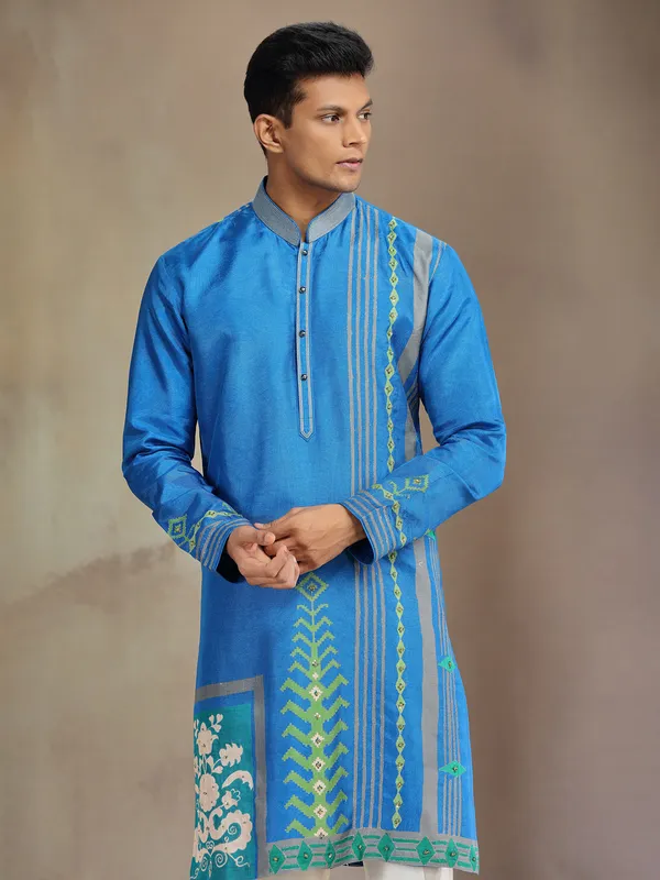 Blue printed silk kurta pajamafor festive wear