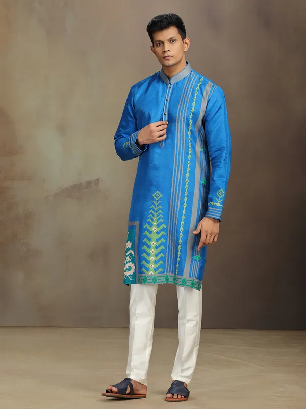 Blue printed silk kurta pajamafor festive wear