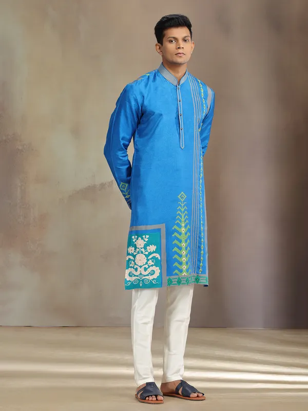 Blue printed silk kurta pajamafor festive wear