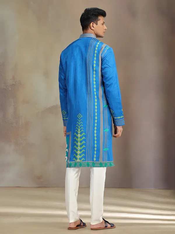 Blue printed silk kurta pajamafor festive wear