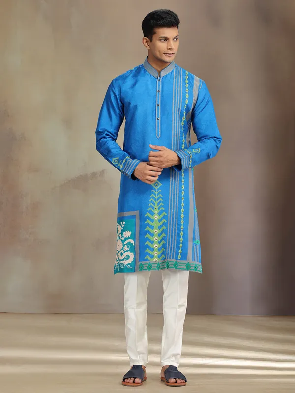 Blue printed silk kurta pajamafor festive wear
