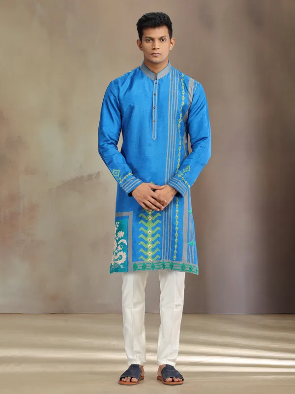 Blue printed silk kurta pajamafor festive wear