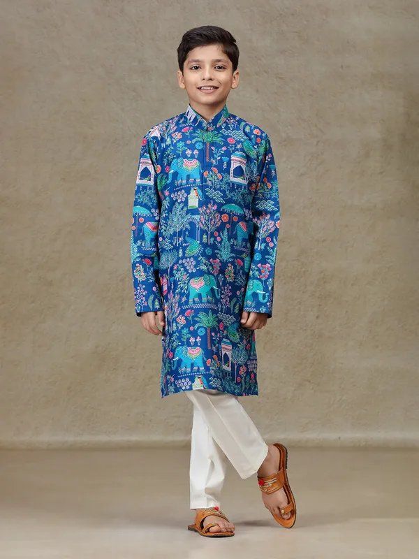 Blue printed silk kurta set for festive wear