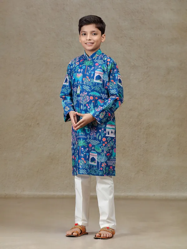 Blue printed silk kurta set for festive wear