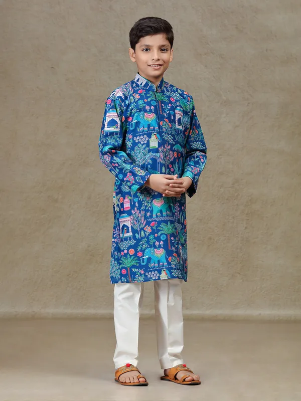 Blue printed silk kurta set for festive wear