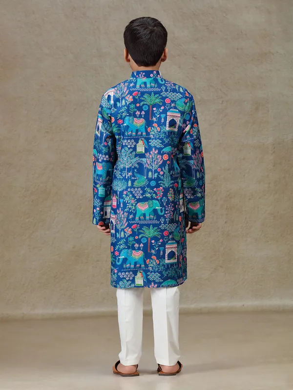 Blue printed silk kurta set for festive wear