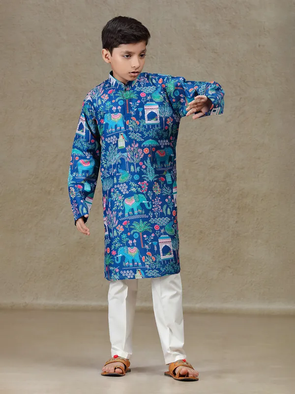 Blue printed silk kurta set for festive wear