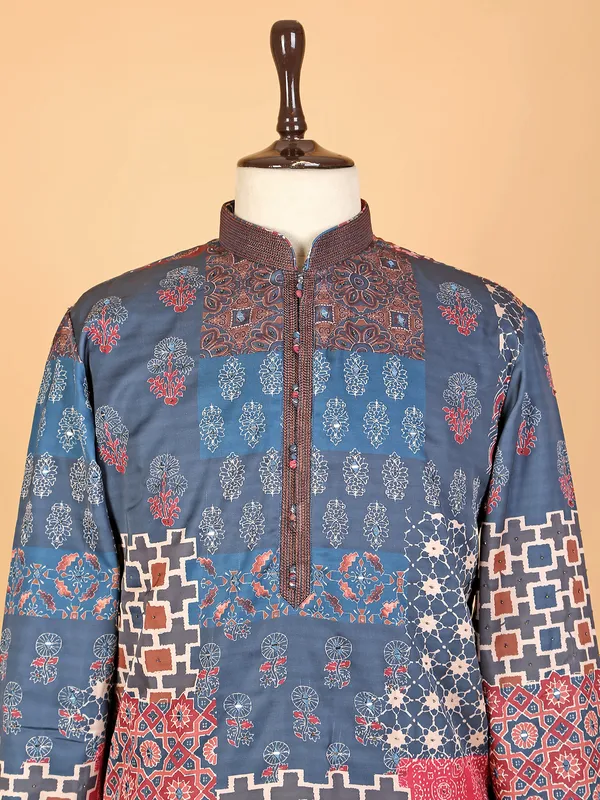 Blue printed silk  Men Kurta pajama for festive