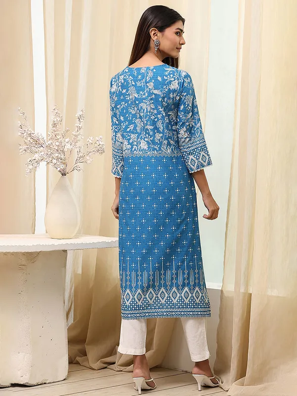 Blue printed silk kurti for casual
