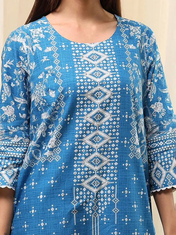 Blue printed silk kurti for casual