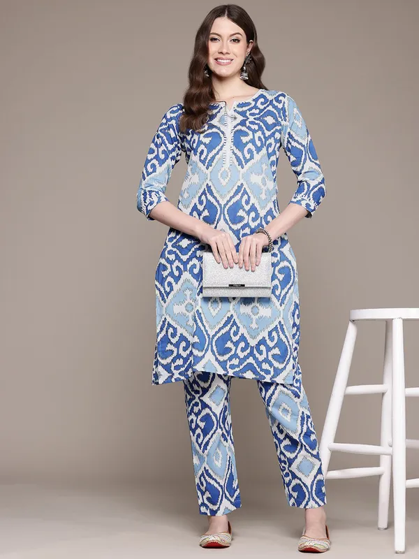 Blue printed silk kurti set for women