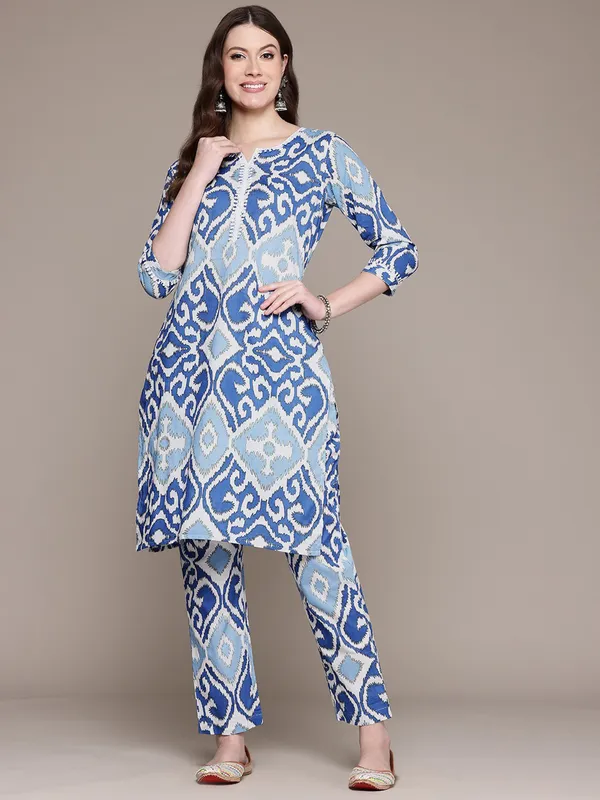 Blue printed silk kurti set for women