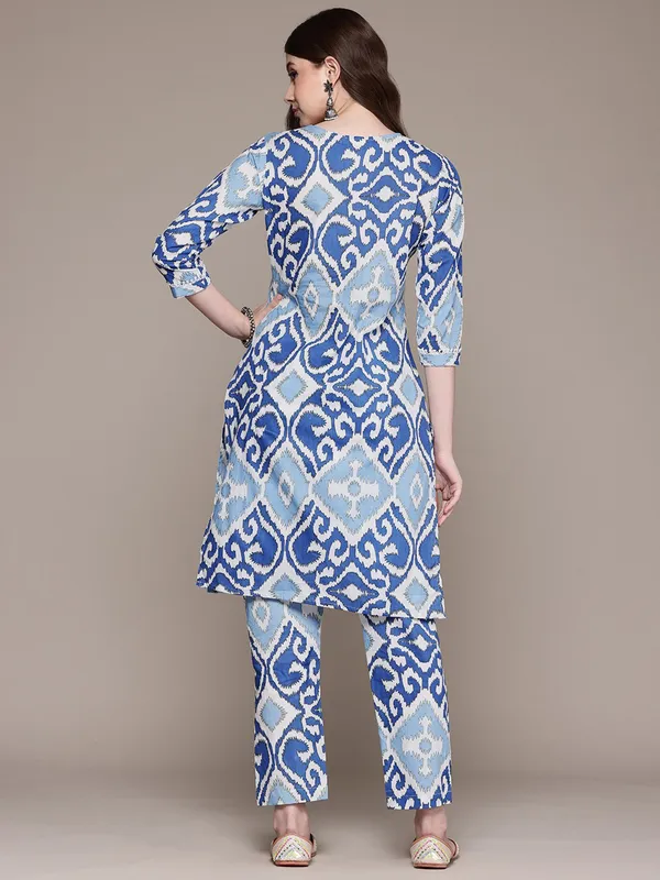 Blue printed silk kurti set for women