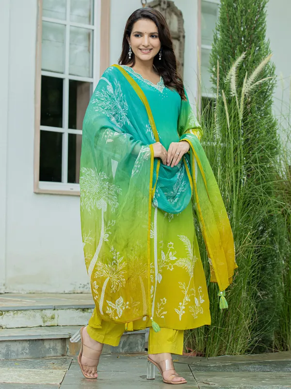 Blue printed silk kurti set for women with dupatta