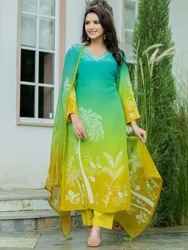 Blue printed silk kurti set for women with dupatta