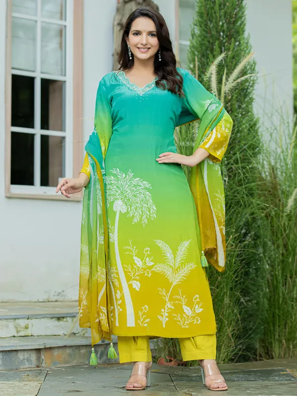 Blue printed silk kurti set for women with dupatta