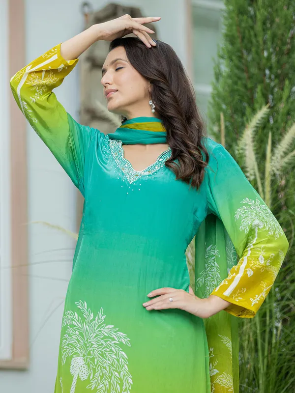 Blue printed silk kurti set for women with dupatta