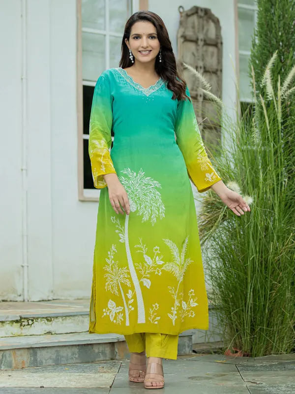 Blue printed silk kurti set for women with dupatta