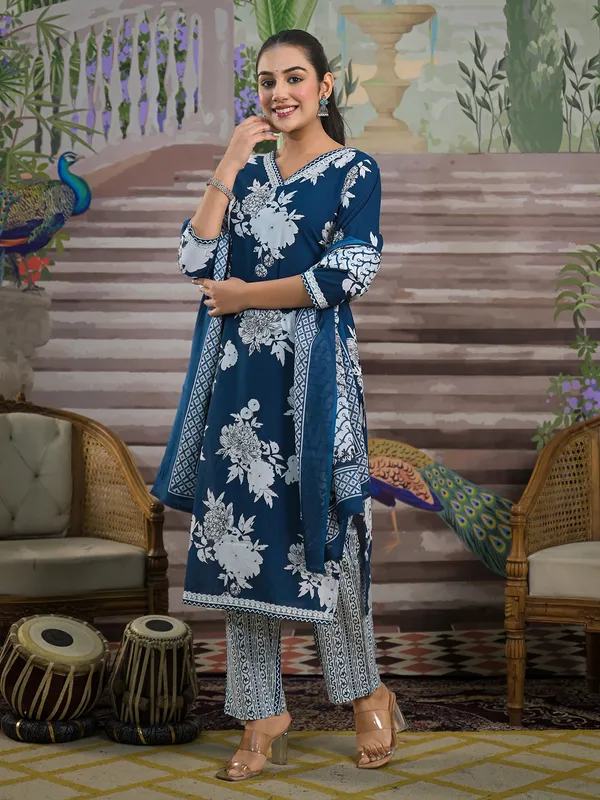 Blue printed silk kurti set with printed dupatta