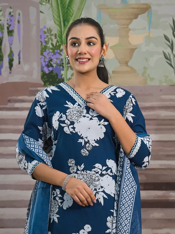 Blue printed silk kurti set with printed dupatta
