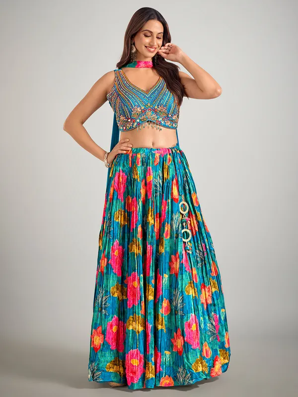 Blue printed silk lehenga choli for wedding