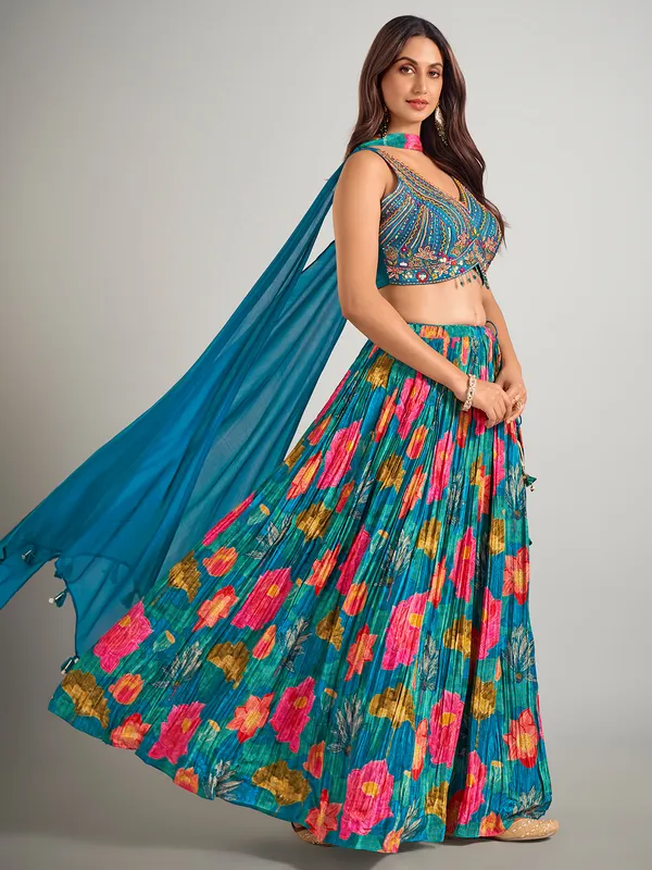 Blue printed silk lehenga choli for wedding