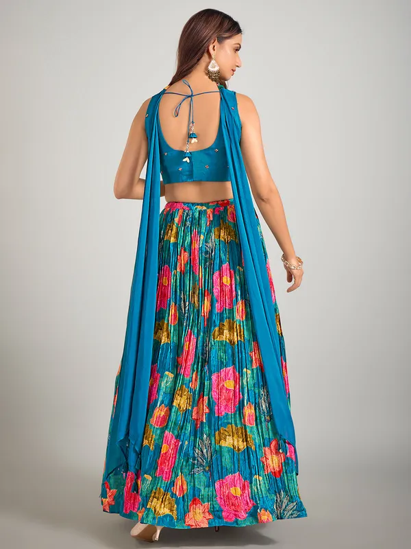 Blue printed silk lehenga choli for wedding