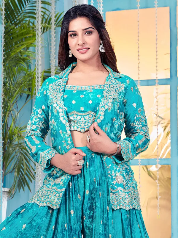 Blue printed silk palazzo suit with jacket